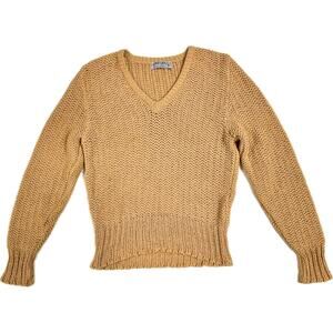 Jaeger Vintage Late 80s Camel Open Knit V-Neck Cotton Sweater XS–S